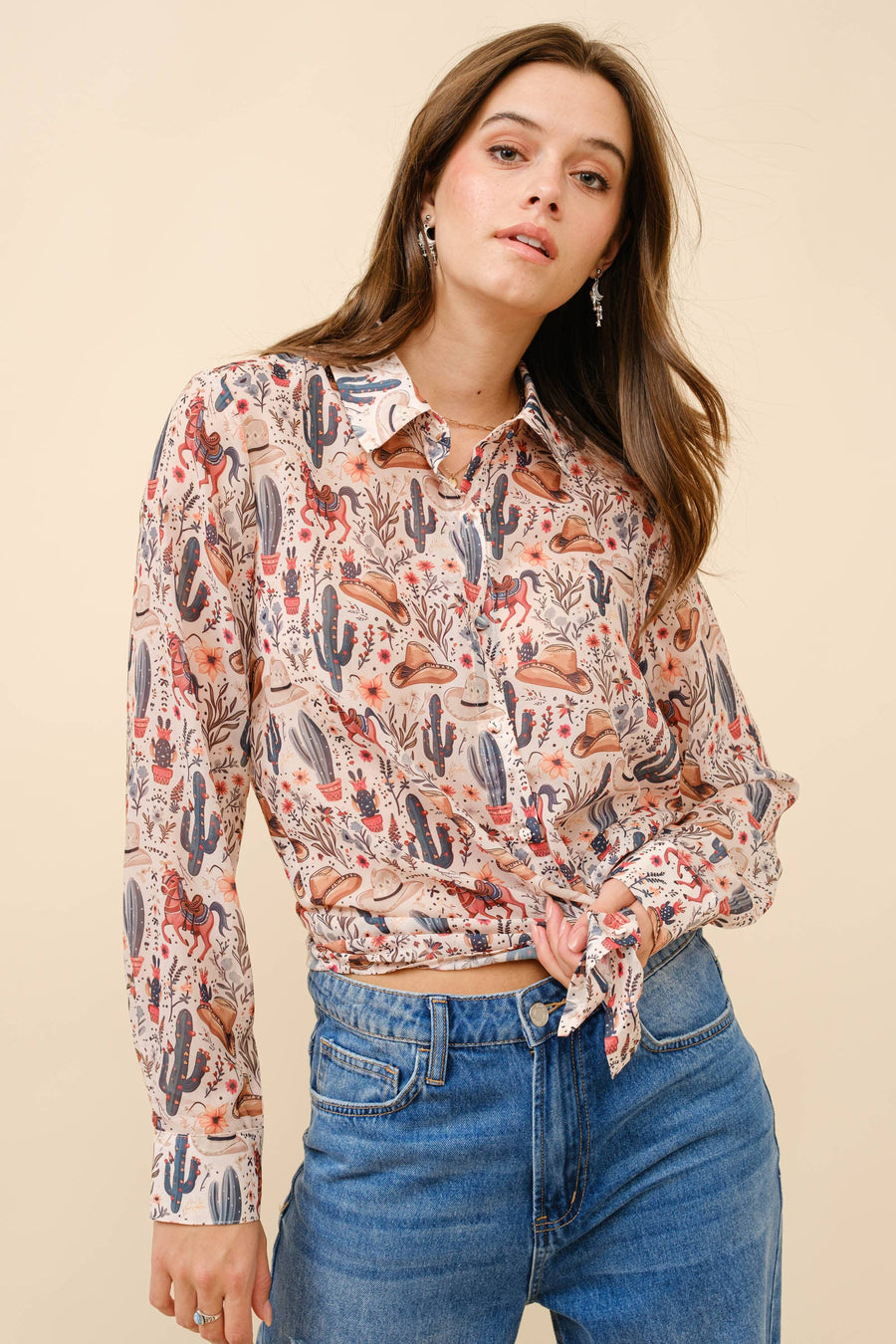 36204T - Western Print Chiffon Button Up Blouse: BEIGE / L