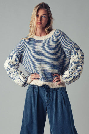 Blue Floral Embroidered Striped Knit Sweater