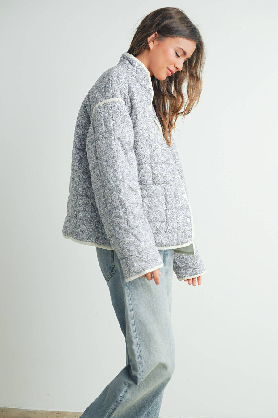 FLOAR QUILTED JACKET WITH LIGHTWEIGHT BOHO PRINT - BMJ7514: MAUVE / IVORY / L