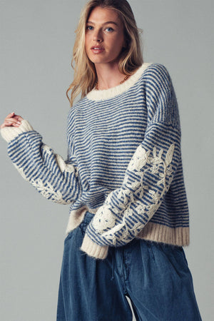Blue Floral Embroidered Striped Knit Sweater