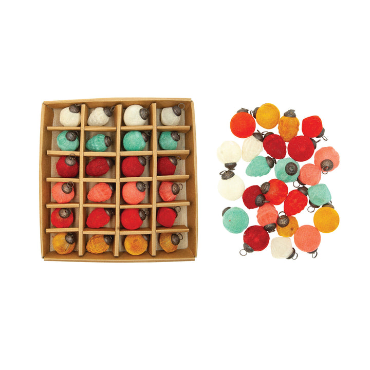 1"H - 1-1/4"H Flocked Glass Ornaments, Multi Color, Boxed Set of 24