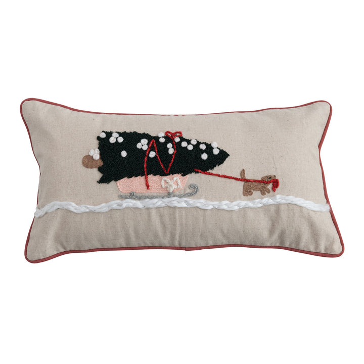 Lumbar Pillow with Embroidery, Piping & Dog Pulling Sleigh