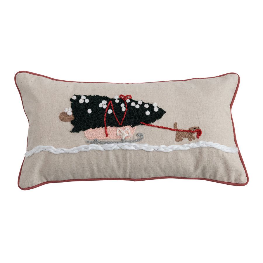 Lumbar Pillow with Embroidery, Piping & Dog Pulling Sleigh