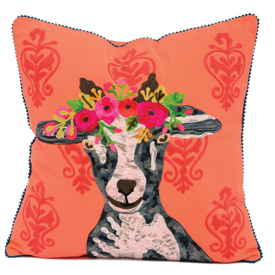 ABCC19291_OR Goat on Damask Cotton Pillow 18x18".